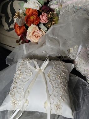 Embellished Gold Tread Ivory/white  Ring Bearer Pillow with Gold Beading